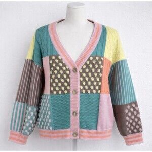 Easel Oversized Patchwork Cardigan Small Colorblock Chunky Knit Cottagecore Boho